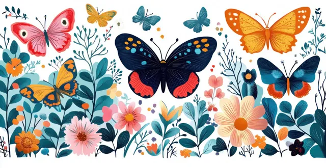 Colorful butterflies hover above pink and orange flowers with leafy green branches in a garden illustration.