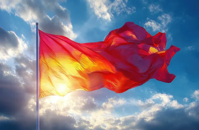 A Labour Party flag waves in wind with red fabric rippling against dramatic clouds and bright sky.