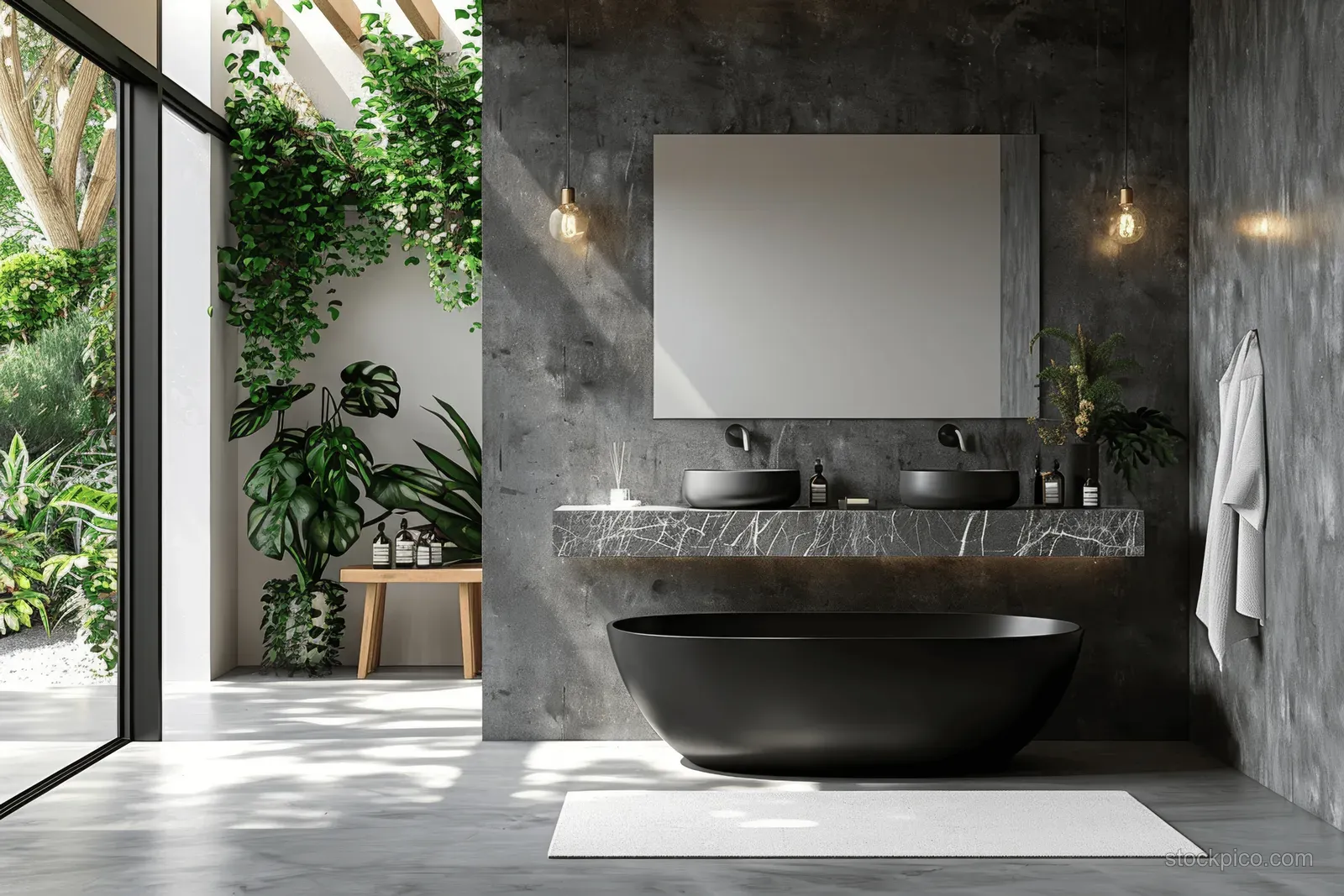 Minimalist bathroom with gray concrete walls, marble sink, black bathtub, mirror, and a window showing an outdoor garden.