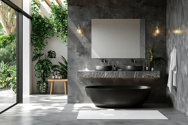Minimalist bathroom interior with black freestanding tub and marble sink, garden view with Indoor Outdoor Connection