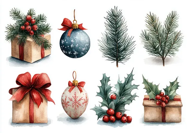Watercolor Christmas ornaments and gifts arranged on white, with holly and pine branches