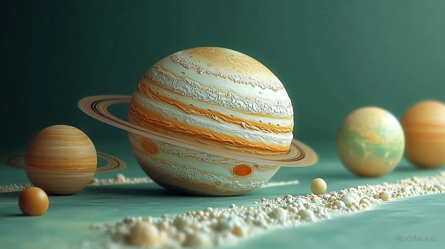 A Saturn-like planet model with rings and small sphere planets arranged on a green surface with grains.