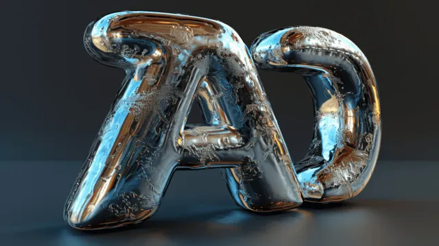 Chrome liquid metal letter A with glossy reflective highlights on a dark abstract glass backdrop.