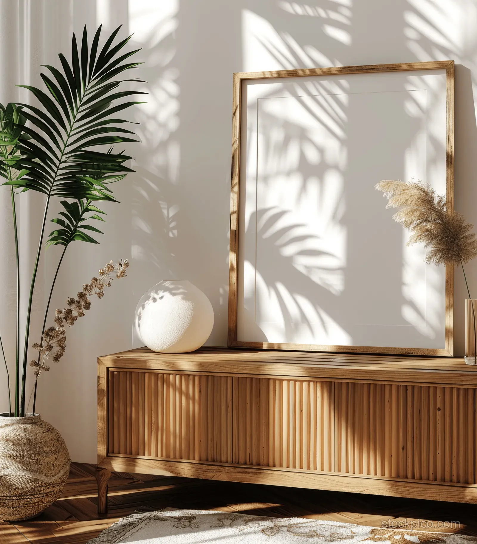 Framed blank poster on a wooden dresser in a sunlit minimalist bedroom corner with plant shadows.