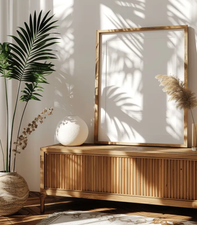 Sunlit minimalist bedroom corner with wooden dresser, framed poster, and boho plant shadows