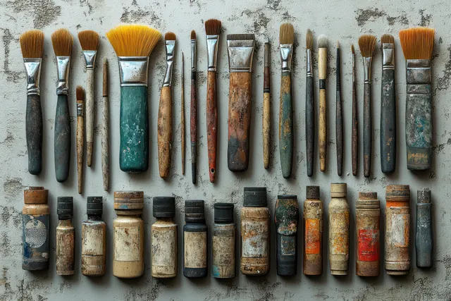 Dental technician tools arranged in rows on a gritty lab bench with visible handles and bristles.