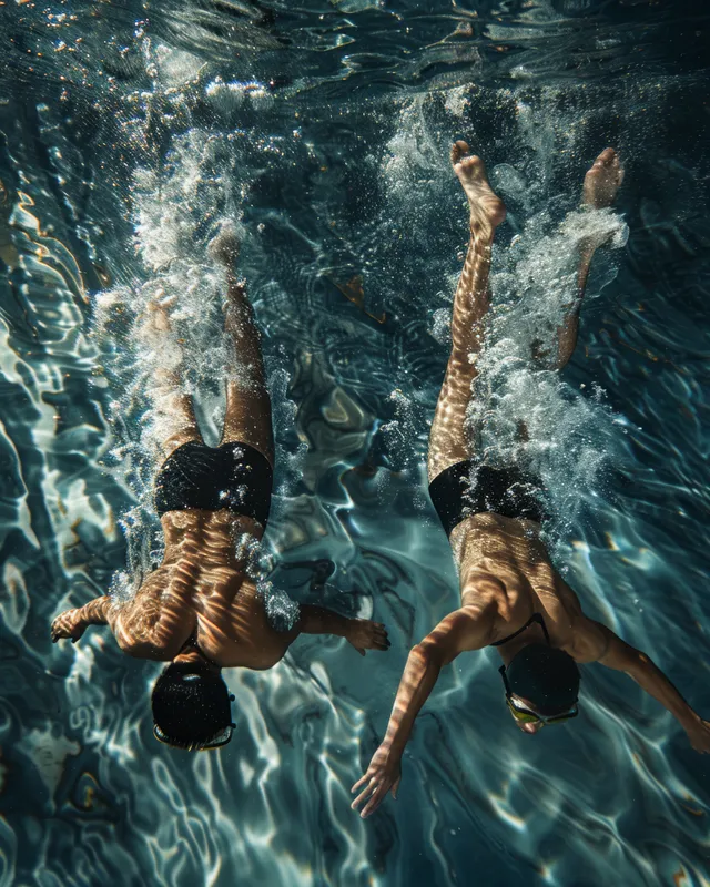 Two artistic swimmers perform synchronized overhead arm poses underwater with rippling water reflections.