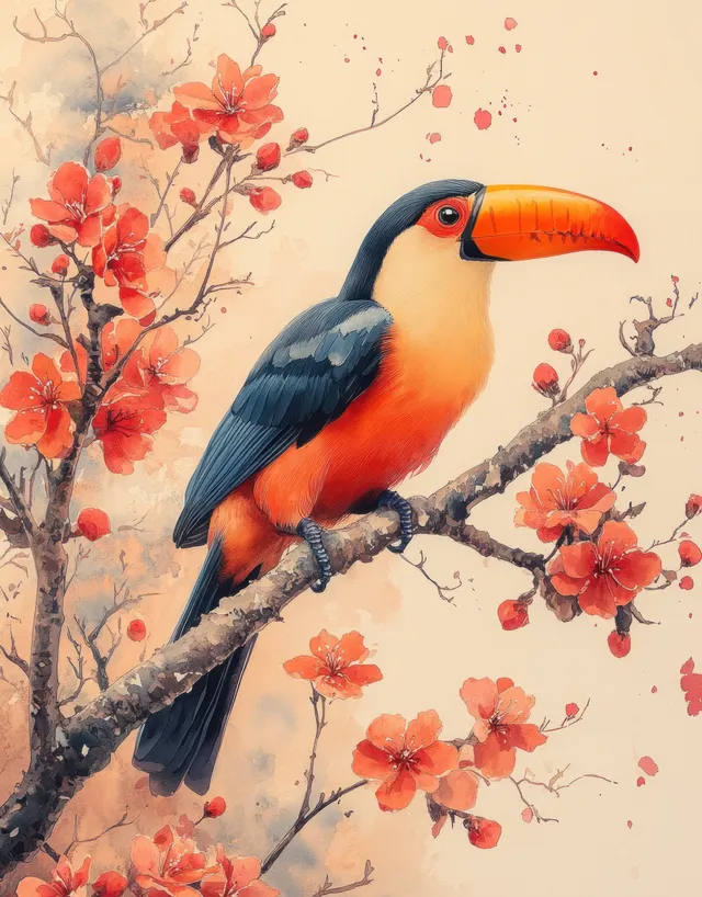 Colorful toucan perched on flowering branch with red blossoms and soft watercolor background