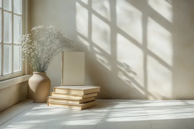 Two blank books standing on tiled floor beside vase in sunlit architectural corner