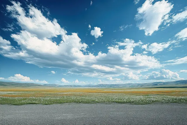 Wide open green fields stretch toward distant rolling hills beneath a bright blue sky filled with scattered white clouds.