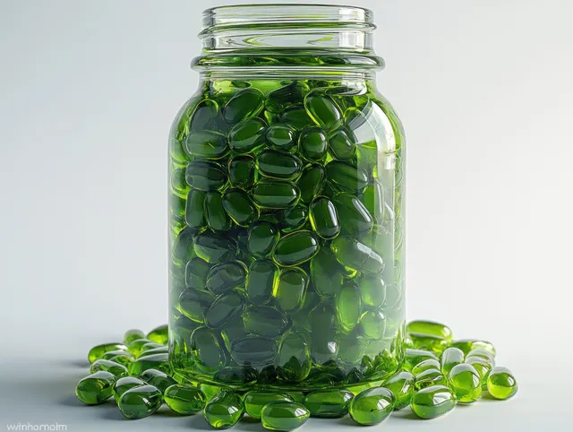 Glass bottle filled with green capsules, medicine container on white background with scattered pills