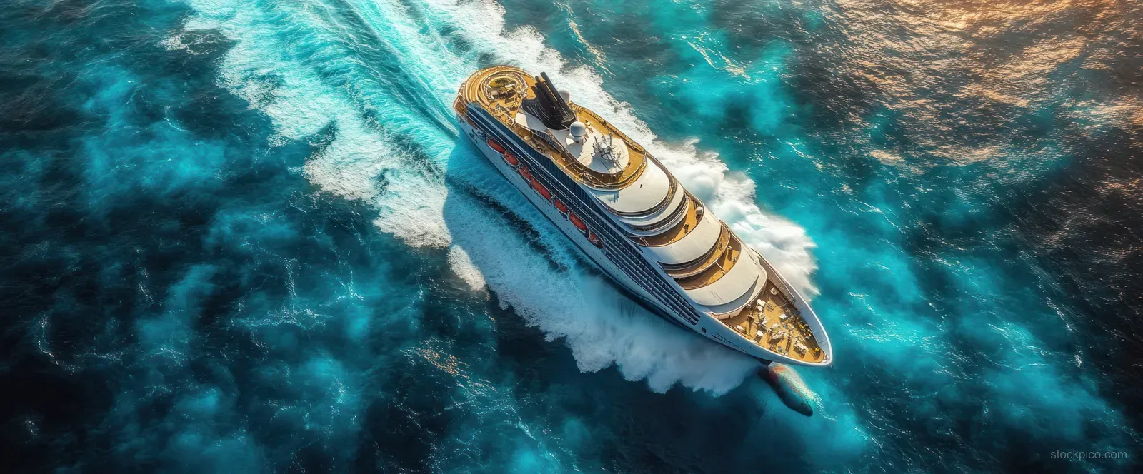 Aerial view of a luxury cruise ship sailing across turquoise ocean with a white wake trailing behind.
