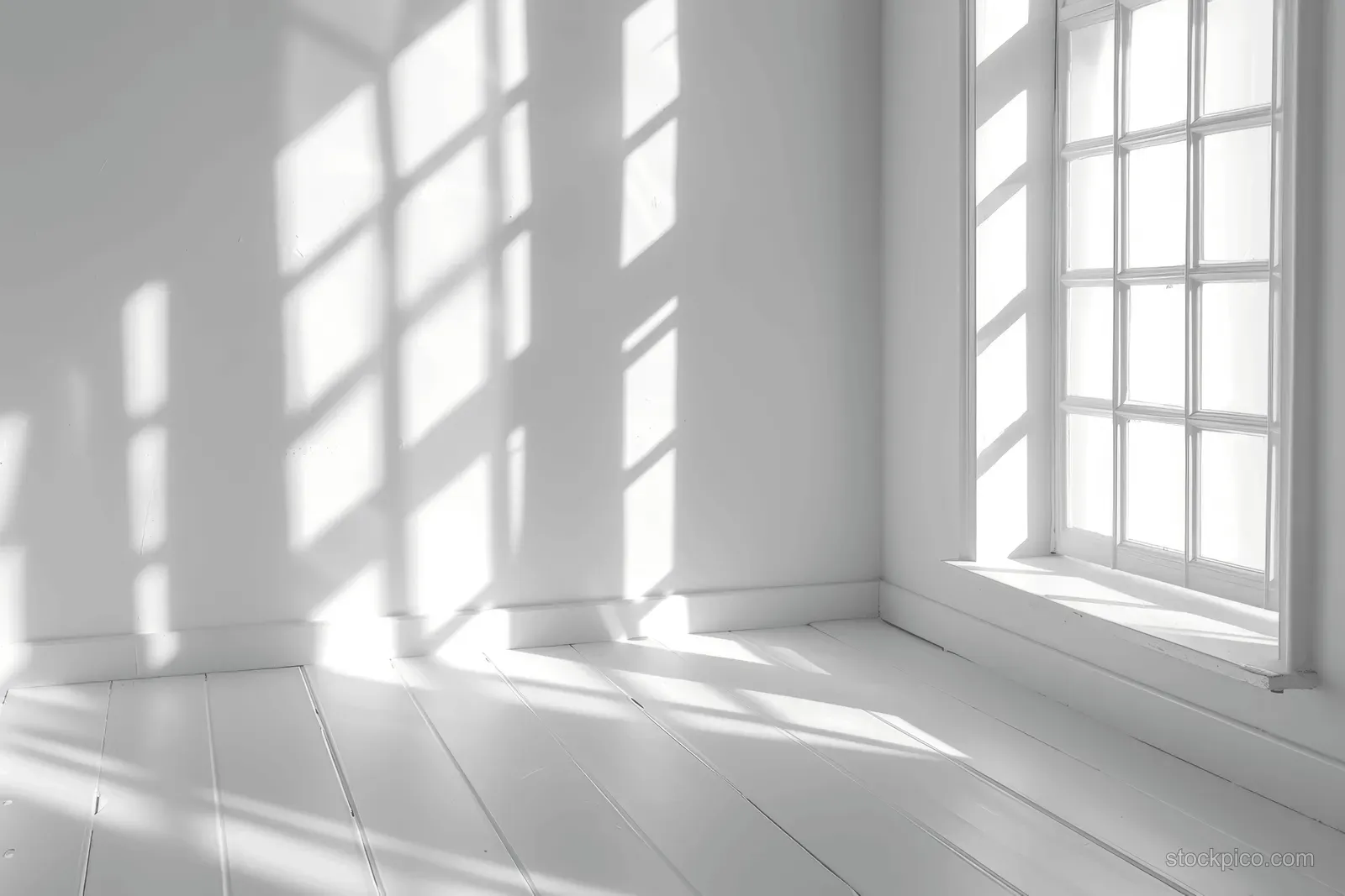 Sunlight streams through tall windows, casting abstract shadows across an empty white room interior.