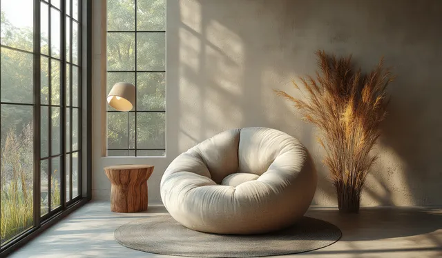Minimal living room with a curved lounge chair, small coffee table, warm floor lamp, and large window light.