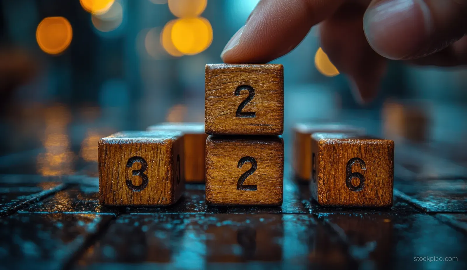 A hand shifts wooden blocks marked 2 and 6 over blurred euro ticket price numbers.