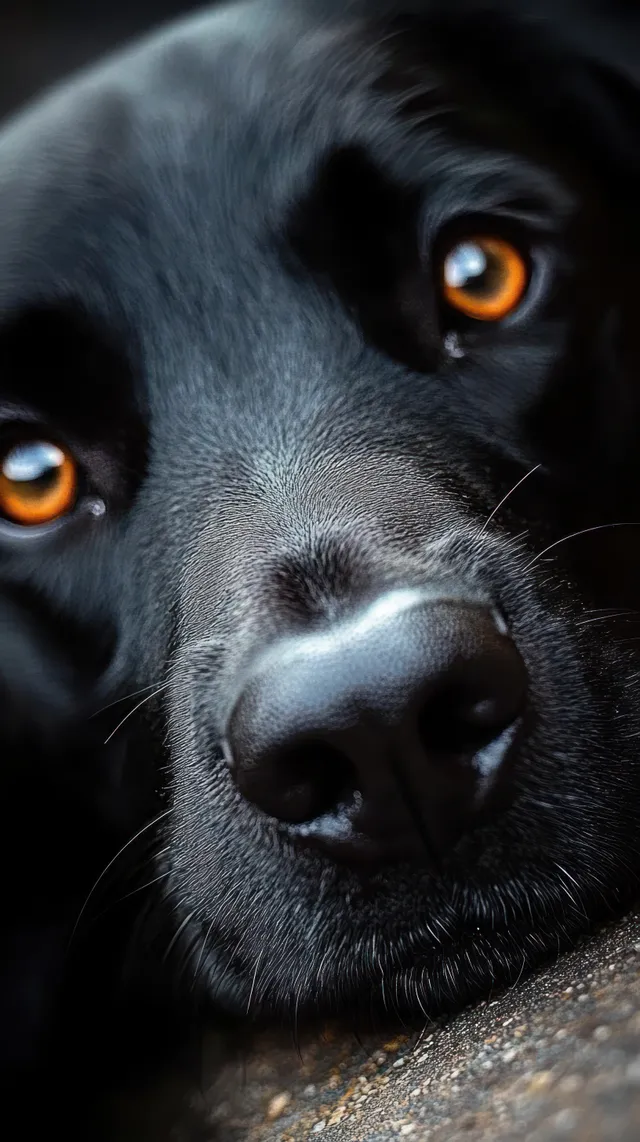A black dog lying down indoors, amber eyes looking directly at the camera in a calm, thoughtful expression.