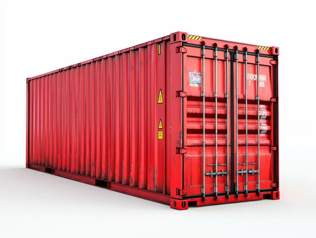 A red weathered cargo shipping container with closed locked doors sits isolated on a white background.