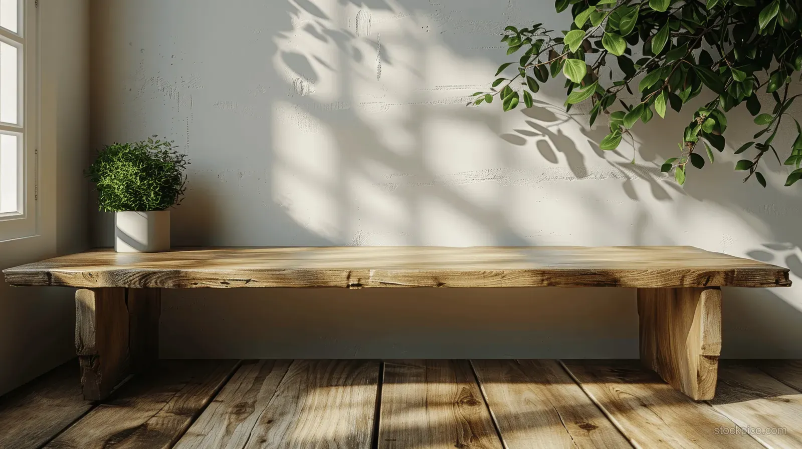 Sunlit wooden counter table stands against a wall with leafy shadows across the floor.