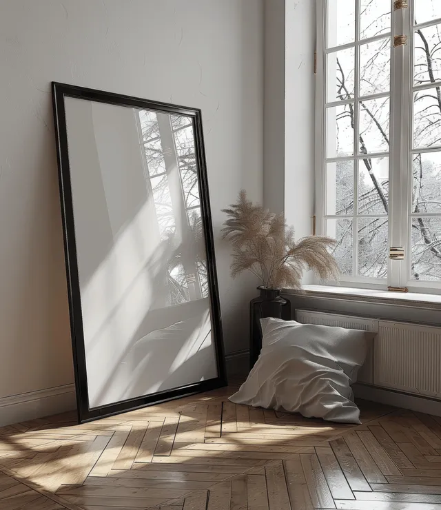Black picture frame leaning on light parquet floor beside sunlit window and cushion