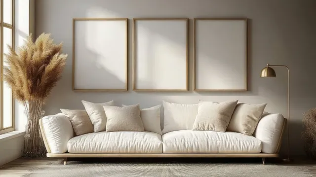 White sofa with decorative cushions in front of blank framed pictures, softly lit by daylight from a side window.
