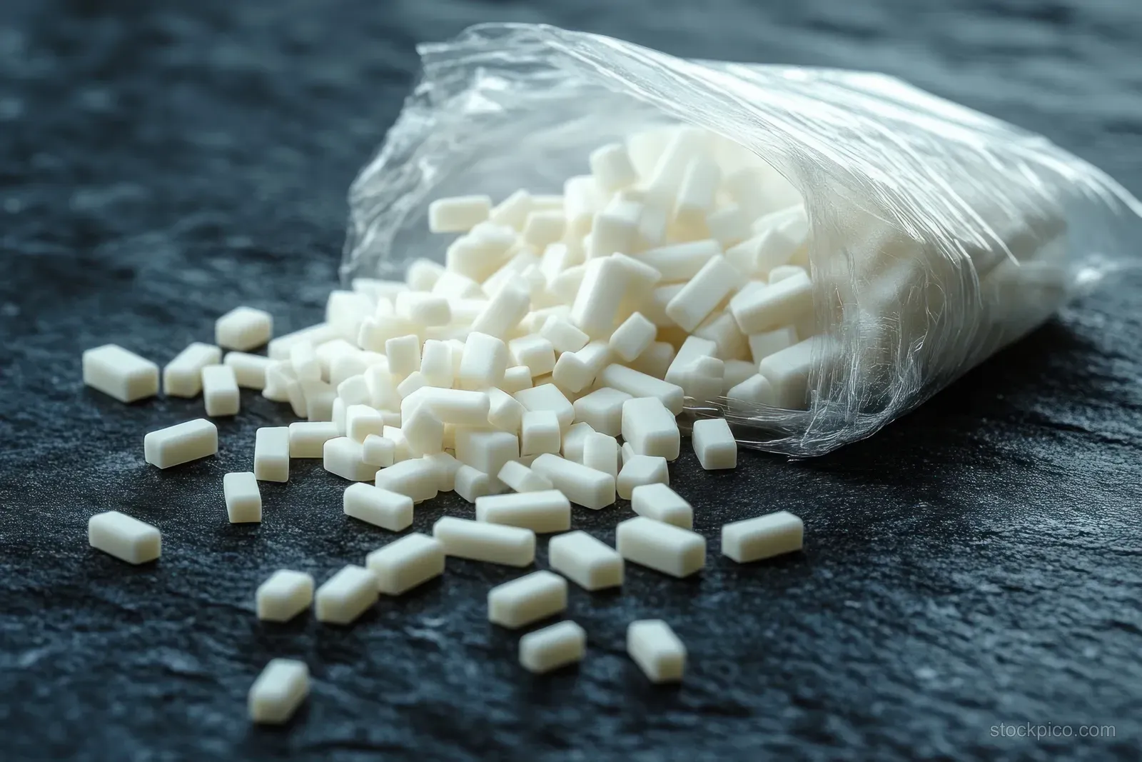 White rectangular tablets are scattered on a dark surface after spilling from a clear plastic bag.