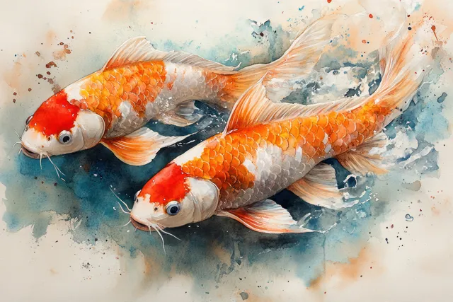 Watercolor koi fish swimming in blue pond, splashed pigment and soft ripples