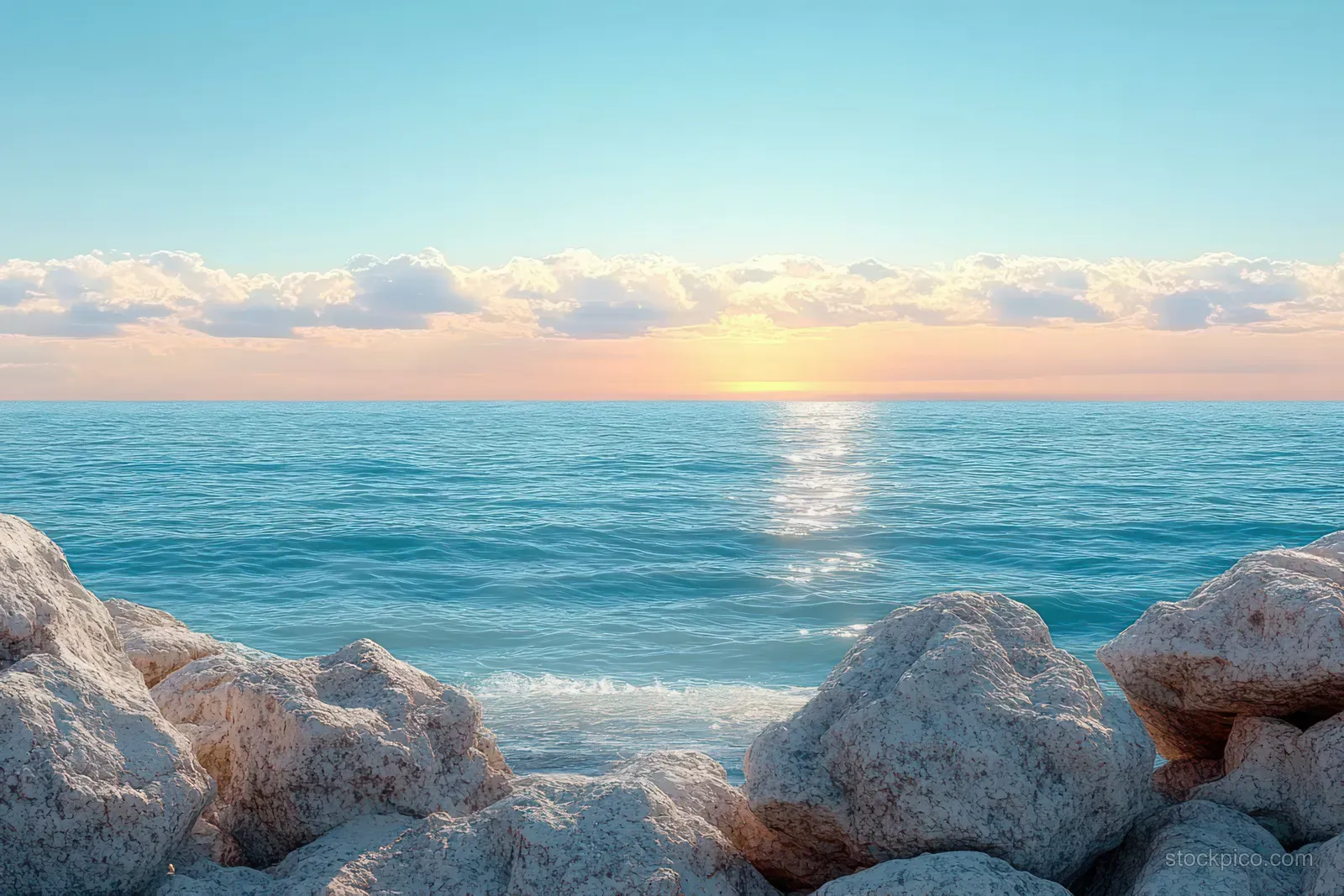 Calm ocean at sunset with gentle waves and large rocky shoreline beneath a clear blue sky.