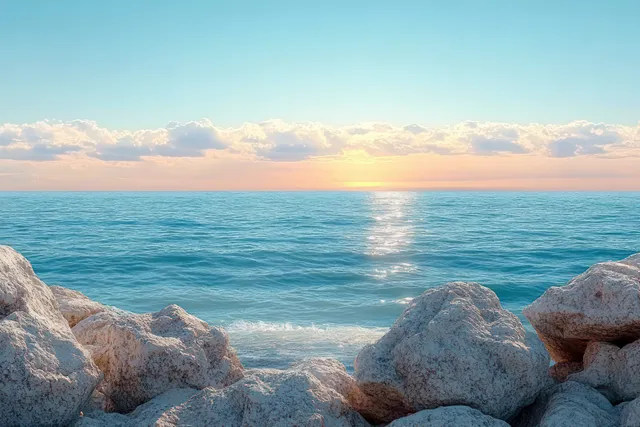 Calm ocean at sunset with gentle waves and large rocky shoreline beneath a clear blue sky.