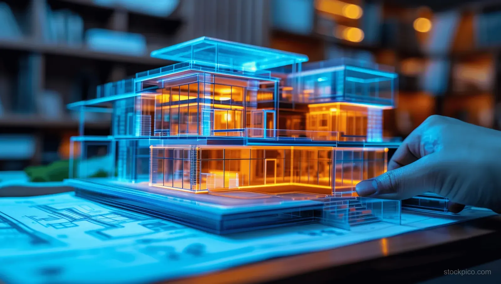 A gloved hand points at a glowing 3D building wireframe beside blue architectural blueprints.