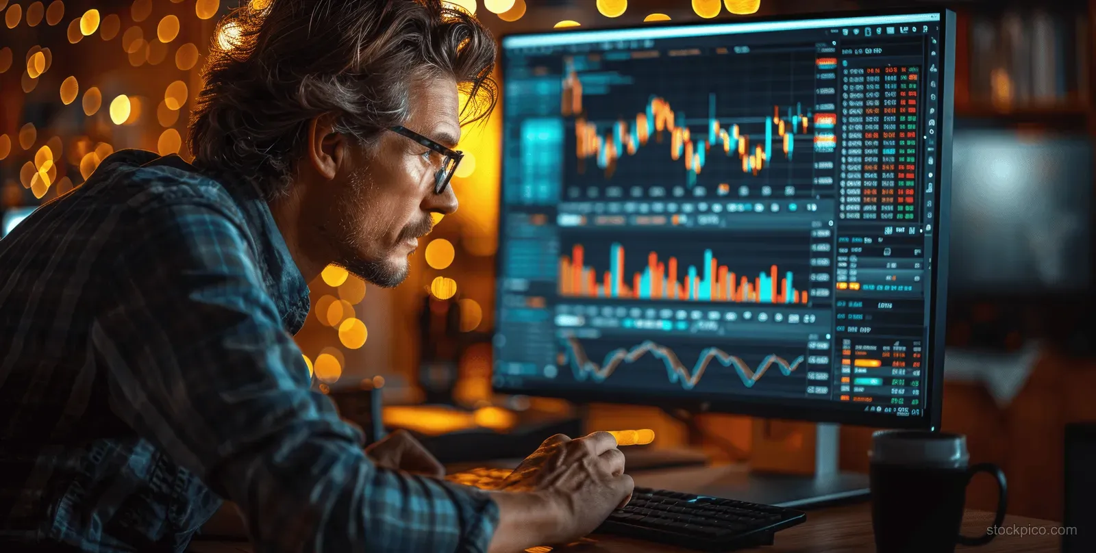 A trader works at a desk watching candlestick and data charts on illuminated monitors at night.
