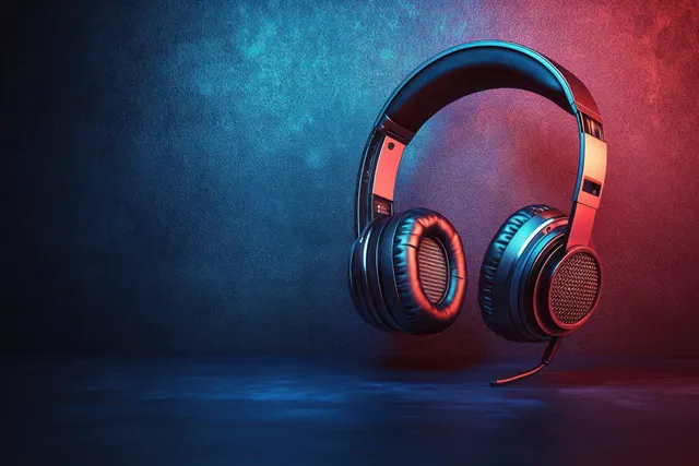 Vintage headphones and a microphone sit on a wooden table under red and blue studio lighting.