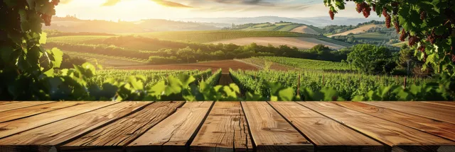 Empty wooden table top overlooking sunlit vineyard hills with wine country scenery at golden hour