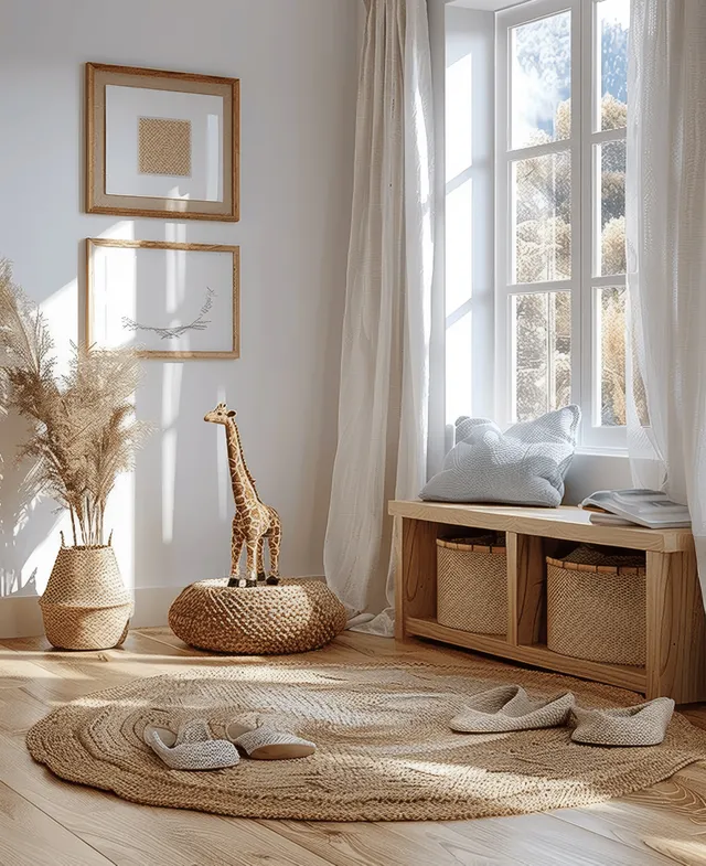 Minimist children’s room with a wooden picture frame mockup, light wood furniture, giraffe decor, and natural window sunlight.