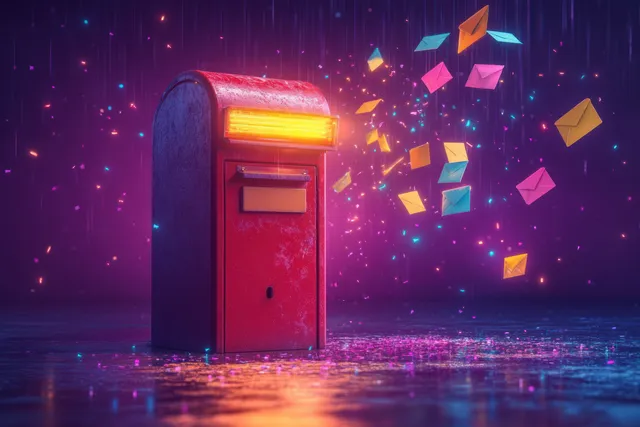 Red mailbox sends colorful envelopes flying with glowing notification on purple night background