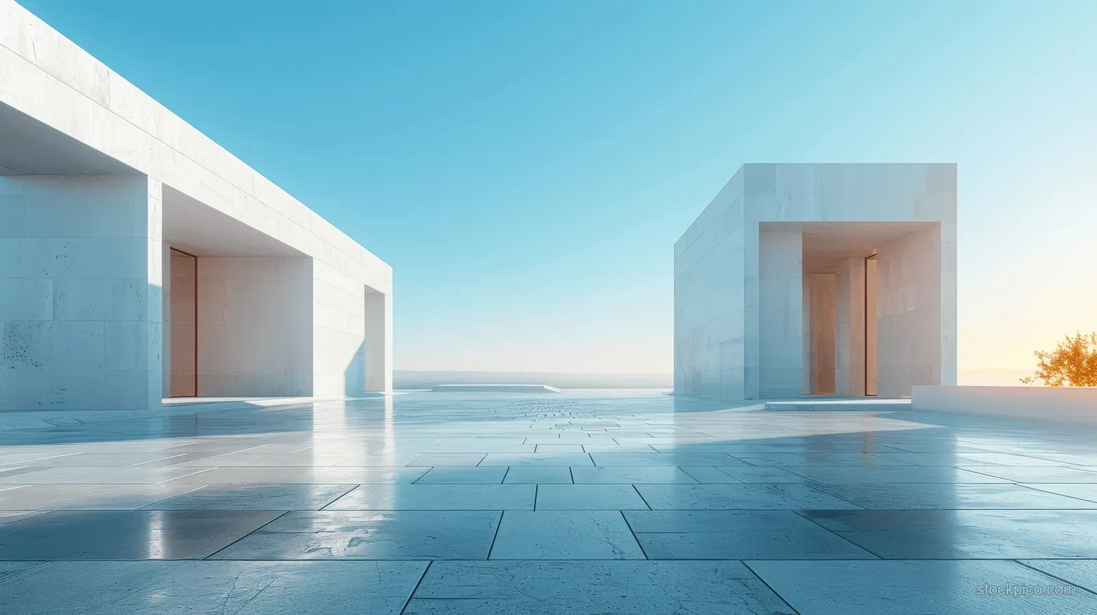 Minimalist white cube buildings sit on a concrete plaza under a clear blue sky with bright horizon light.