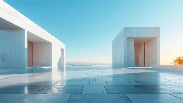 Minimalist white cube buildings sit on a concrete plaza under a clear blue sky with bright horizon light.