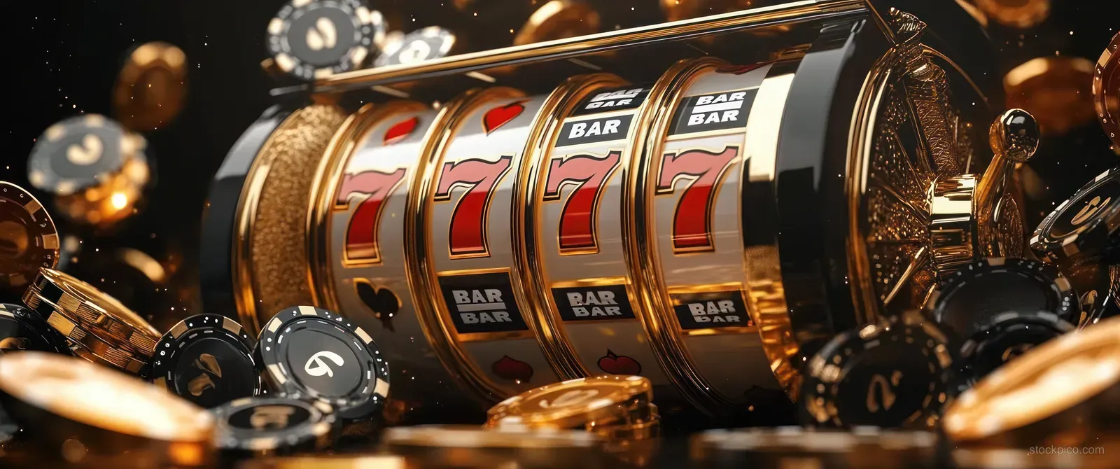 Golden slot machine reels glow with sevens while poker chips, dice, and playing cards surround it in a casino scene.