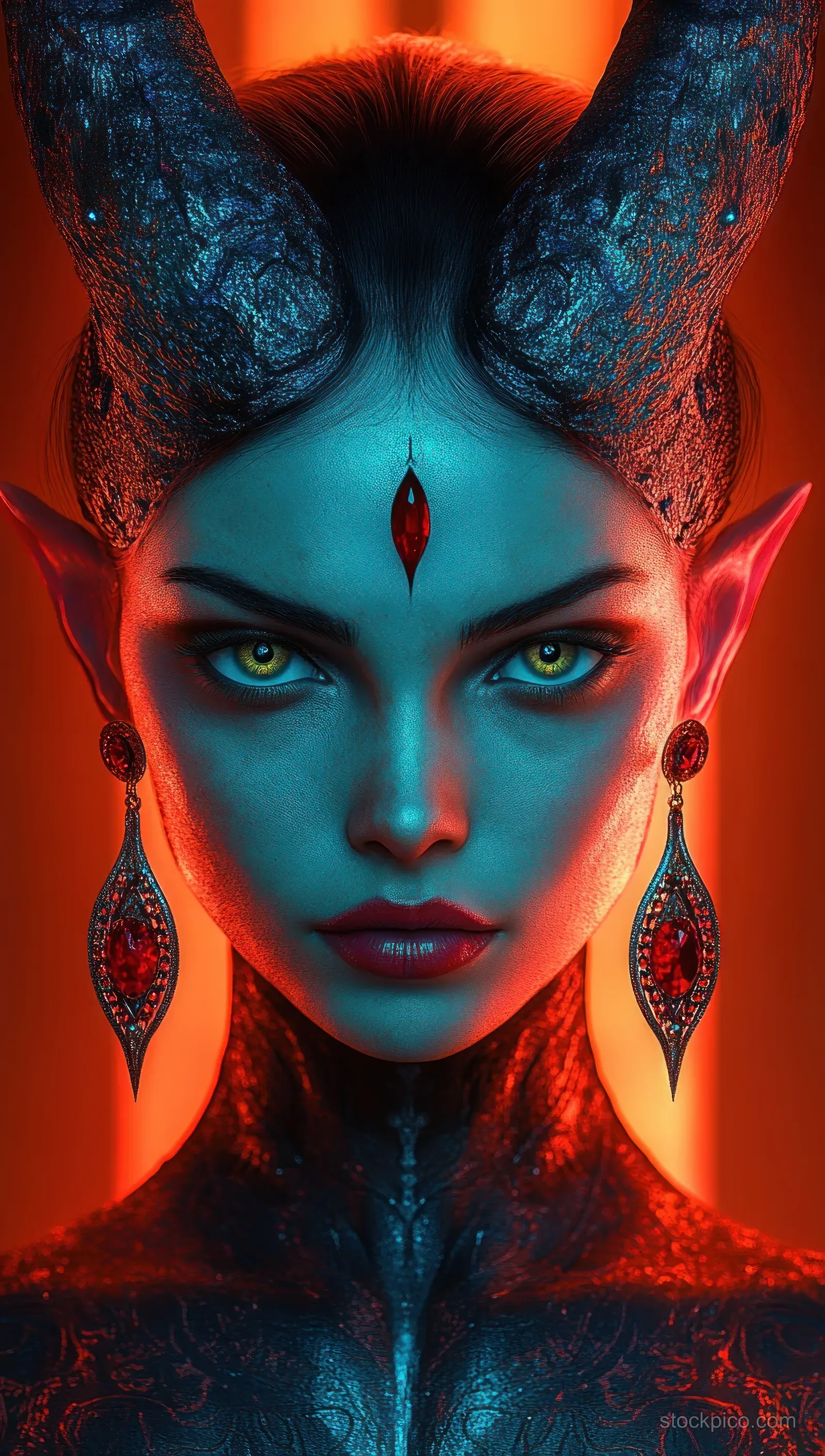 Mystical female figure with textured horns, glowing green eyes, red gemstones, and dramatic fiery orange lighting.