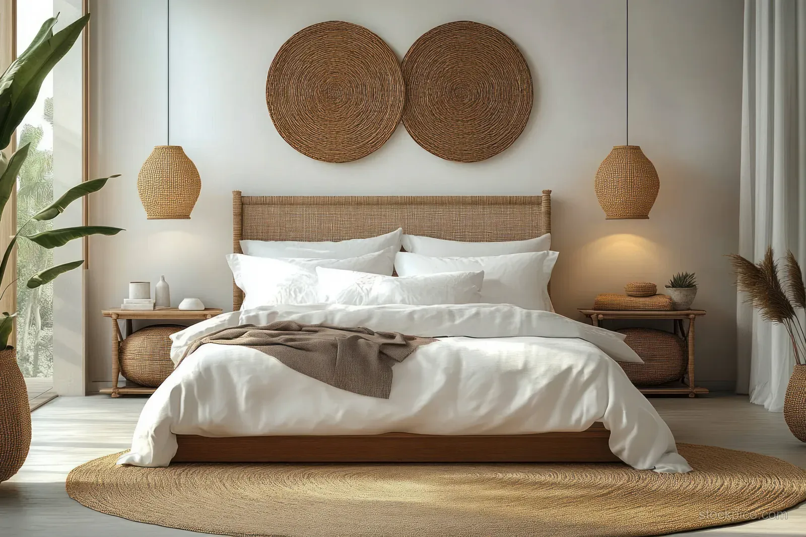 Minimal bedroom interior with rattan bed, white linens, round woven wall decor, and soft natural lighting.