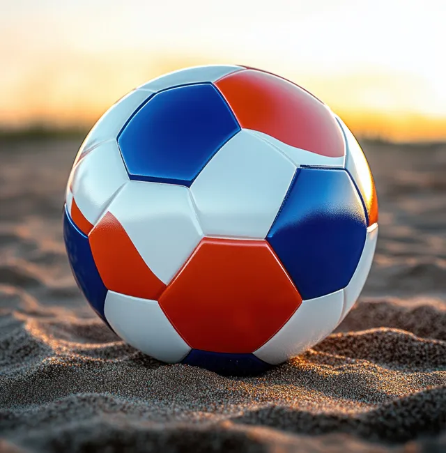 A Netherlands-themed soccer ball rests on the sand at sunset, illuminated by warm golden light against a blurred seaside backdrop.