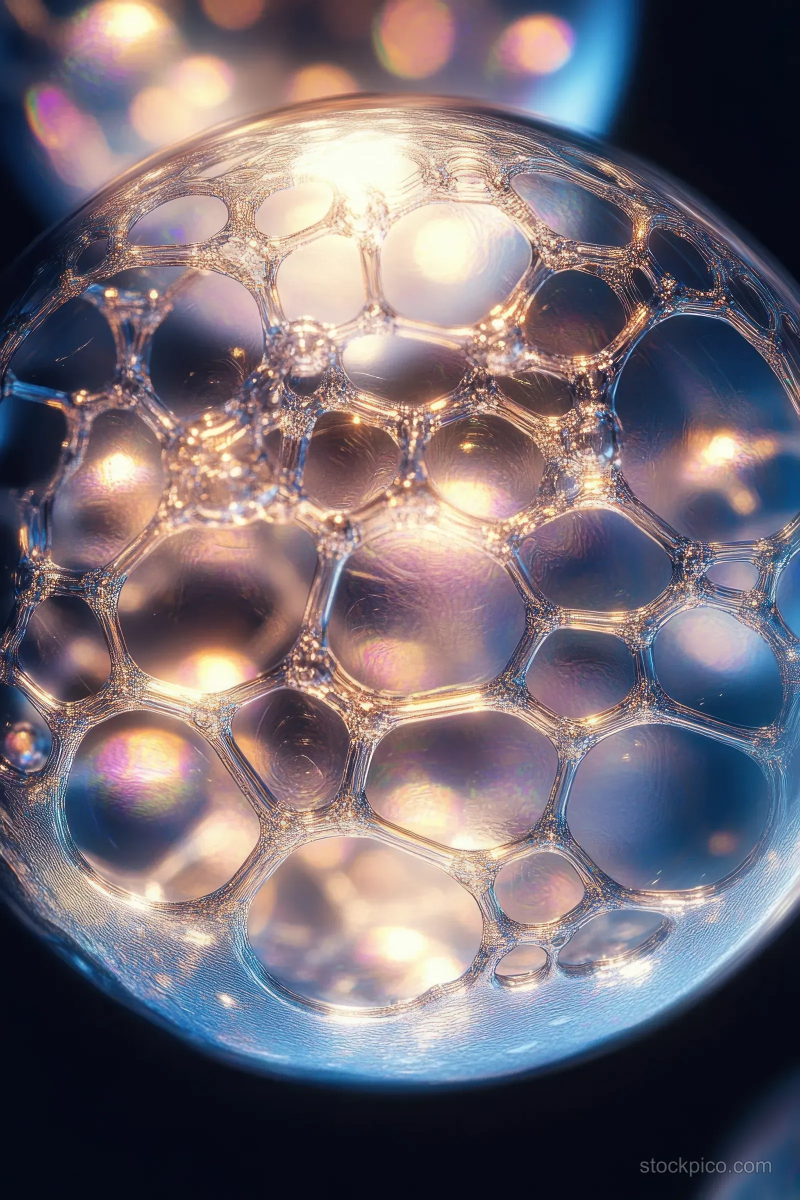 Translucent soap bubble sphere reflecting warm and cool light with intricate iridescent circular highlights.