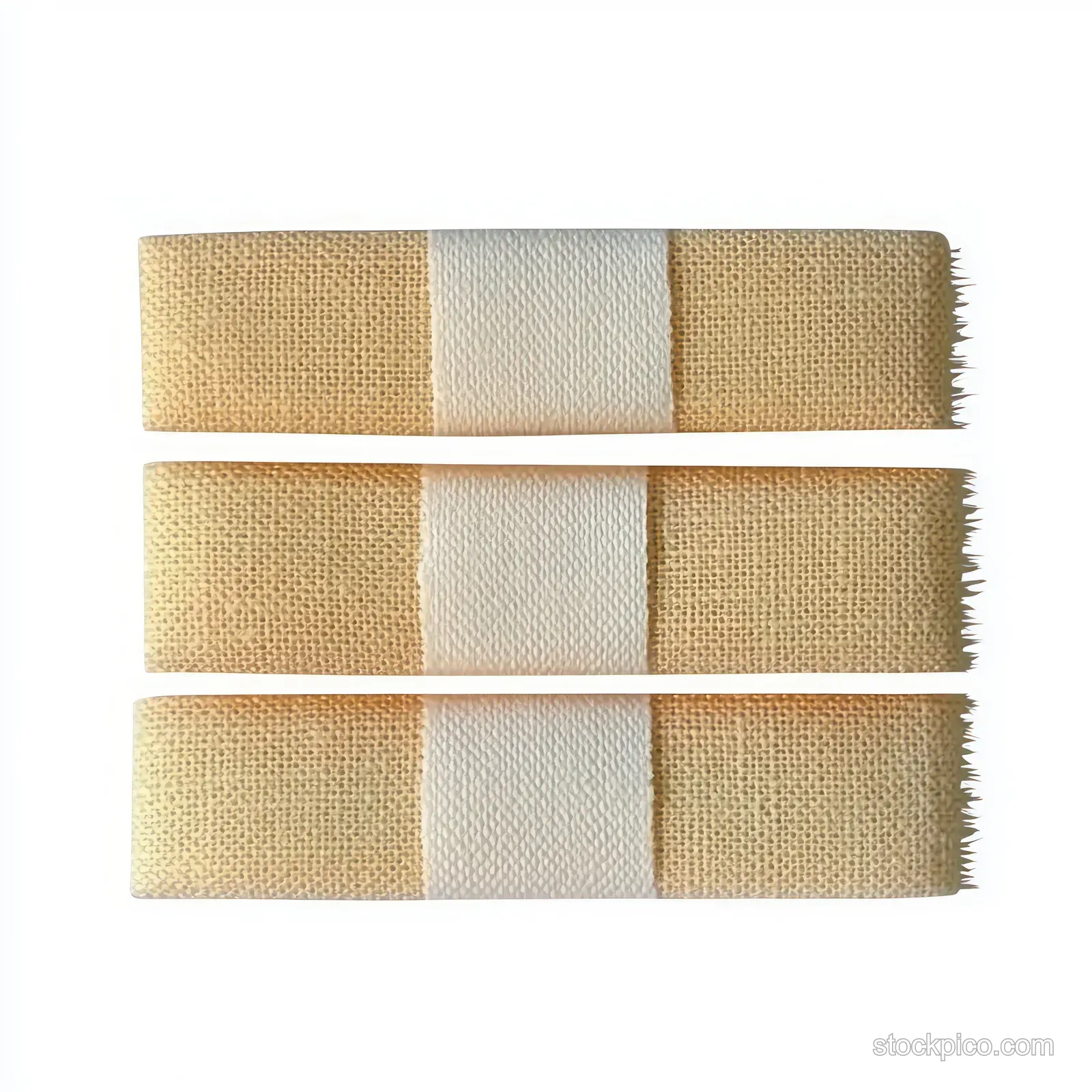 Three light beige fabric adhesive bandages with white central pads arranged horizontally on a white background.