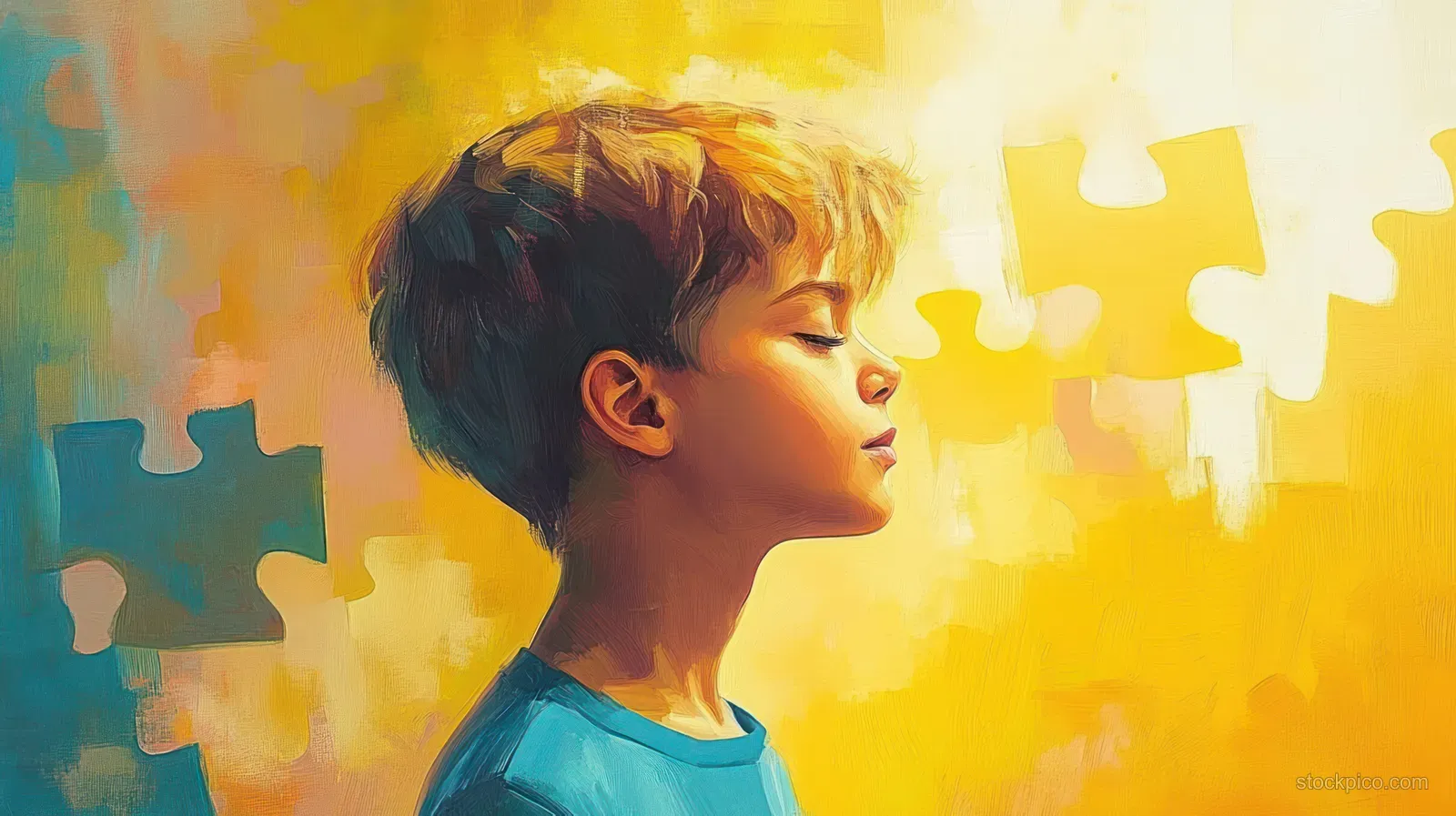 Young boy in side profile with closed eyes appears thoughtful as puzzle pieces float on a warm yellow and blue background.