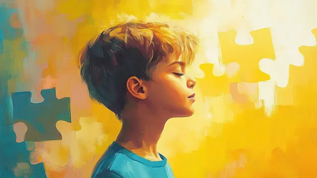 Young boy in side profile with closed eyes appears thoughtful as puzzle pieces float on a warm yellow and blue background.