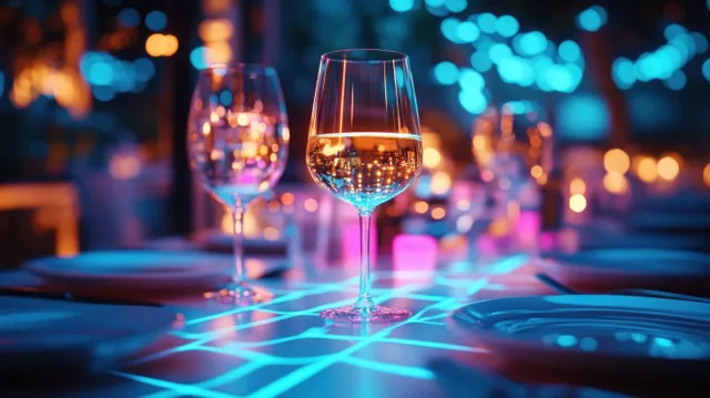Close-up wine glass with white wine, blue grid light pattern on dining table at night