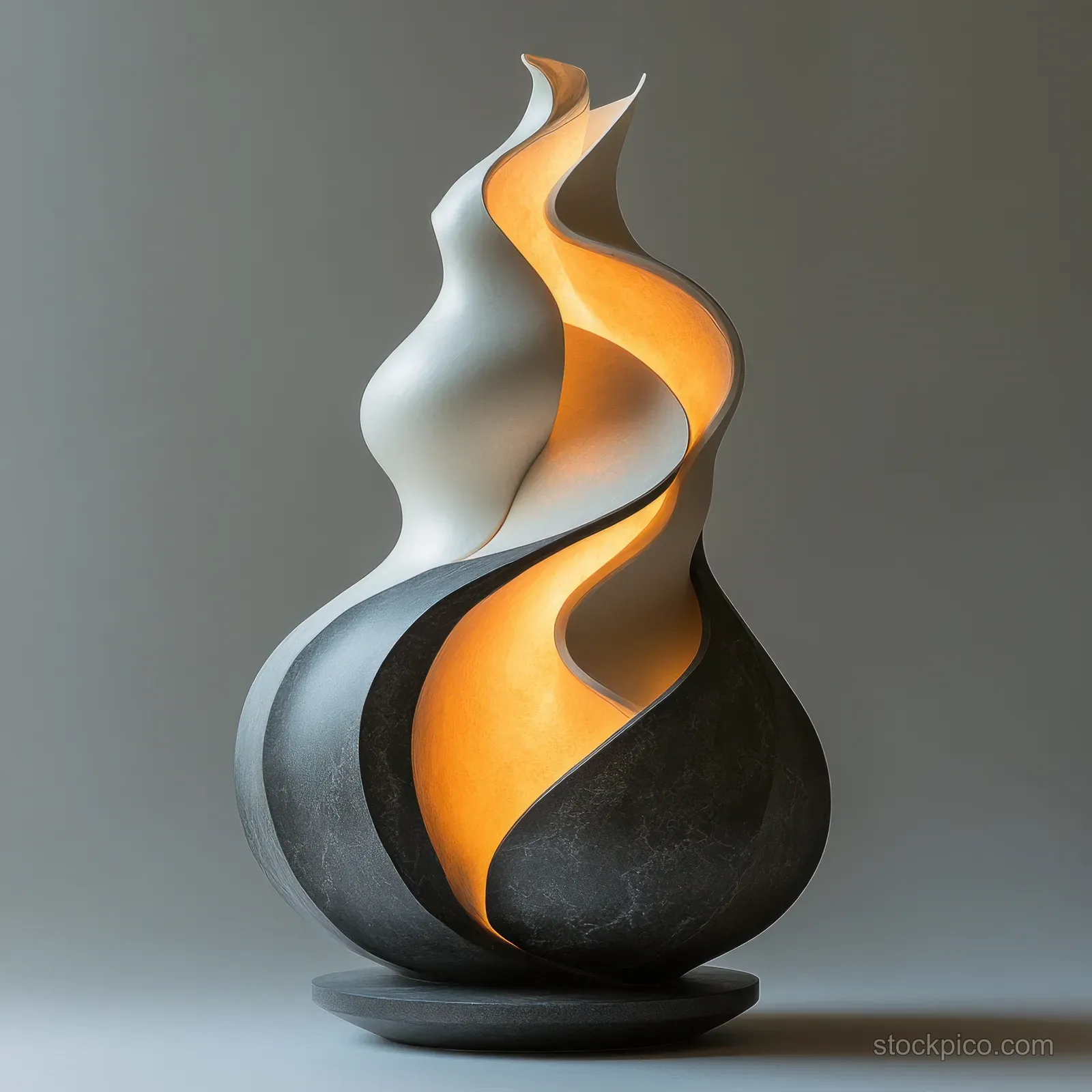 An abstract fluid sculpture vase with white, charcoal, and orange curves on a smooth gray gradient background.