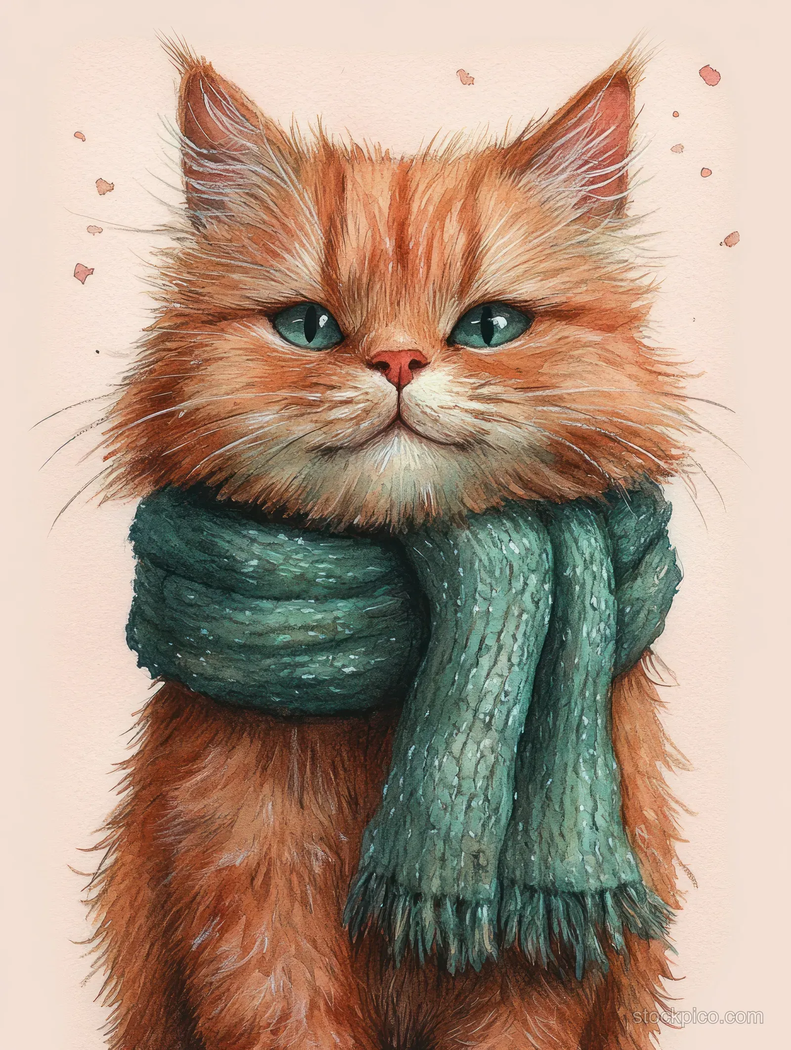 Fluffy orange cat portrait with green eyes wearing a textured green knitted scarf on a light background.