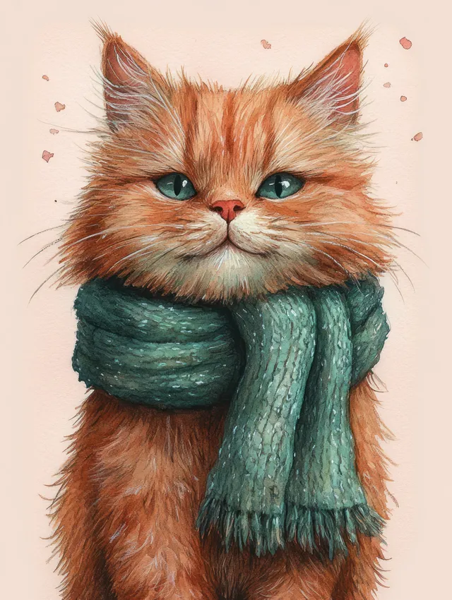 Fluffy orange cat portrait with green eyes wearing a textured green knitted scarf on a light background.