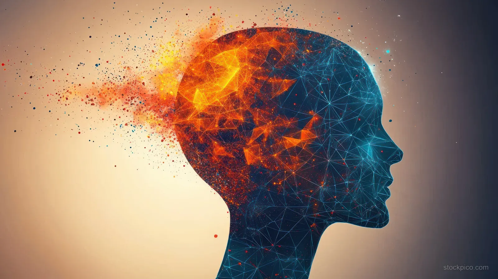 Side view digital head silhouette with blue connected lines and orange geometric particles exploding from the back.