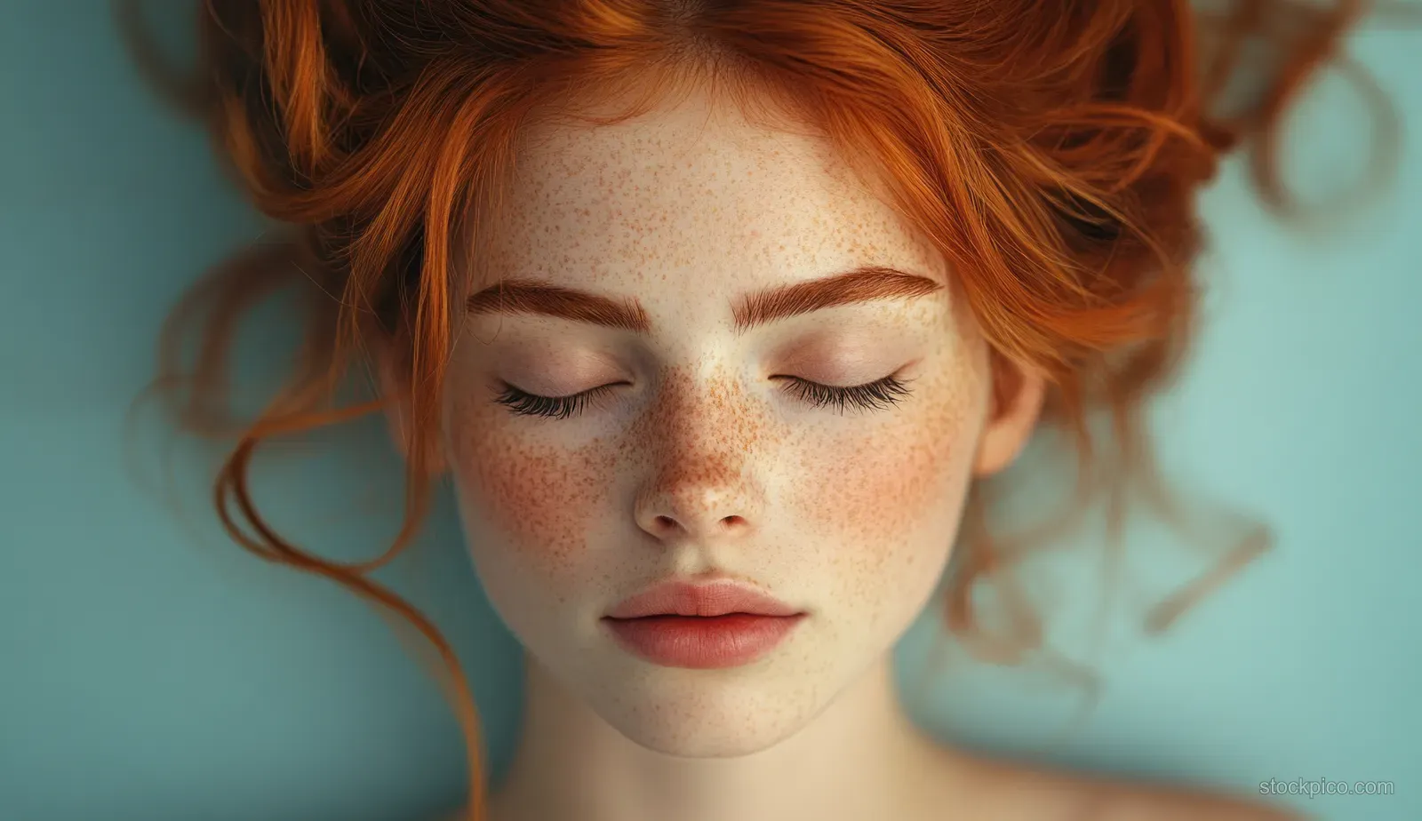Redheaded girl massaging moisturiser cream into her freckled cheeks during a skincare routine against a soft blue background.